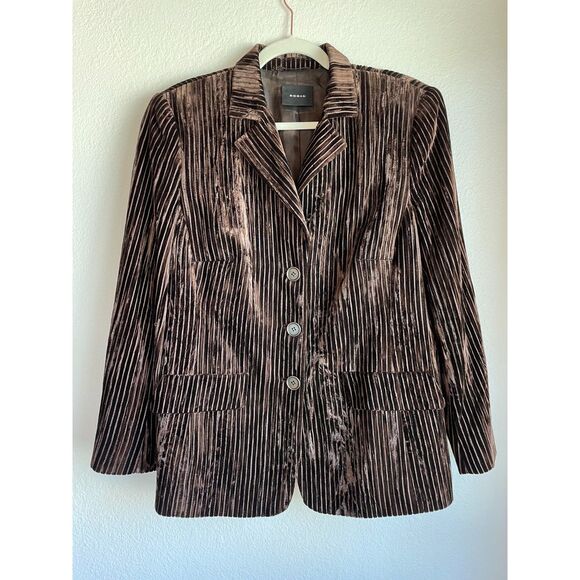 Akris Women's Brown Crushed Velvet Ribbed Pinstripe Single Breasted Blazer Sz 14 - Picture 2 of 14